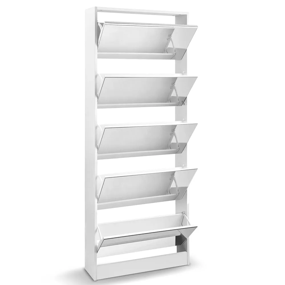 Mirror Shoe Cabinet, 5 Compartments, White - Artiss