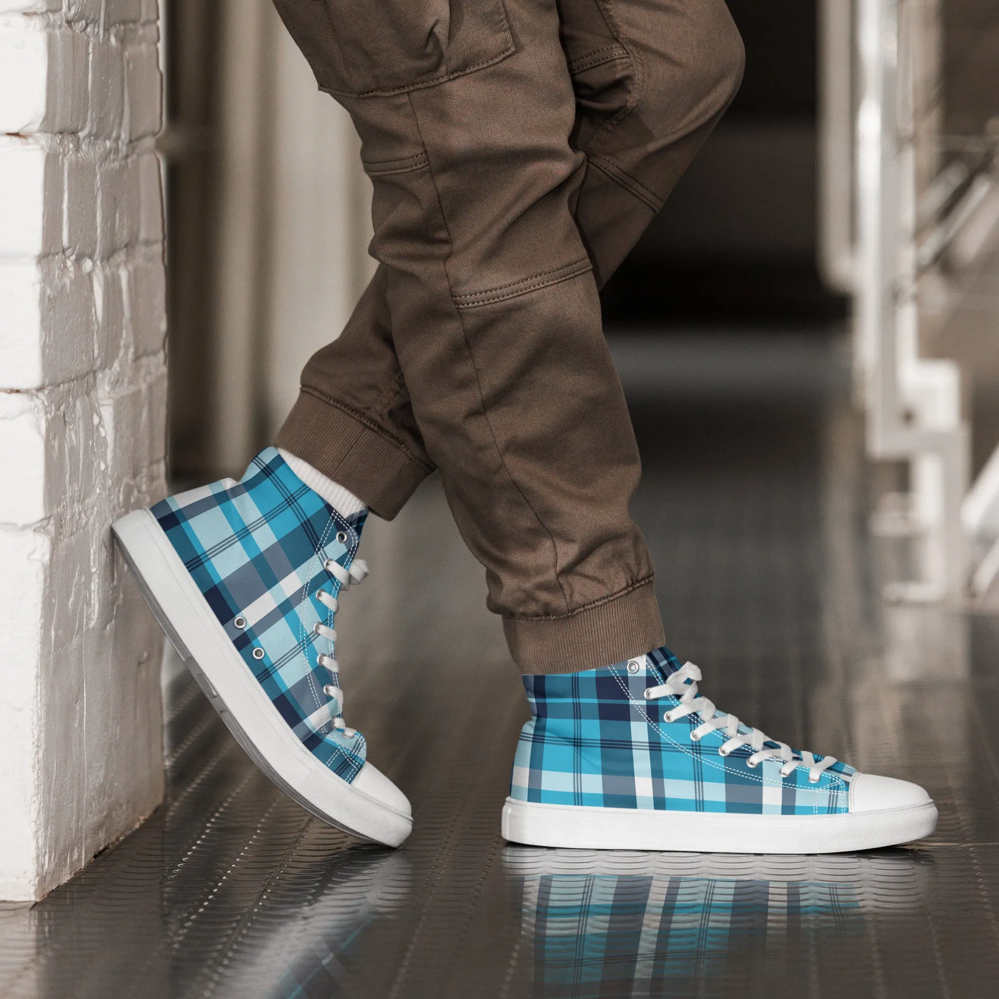 Ocean Blues Preppy Surfer Plaid High Top Canvas Shoes