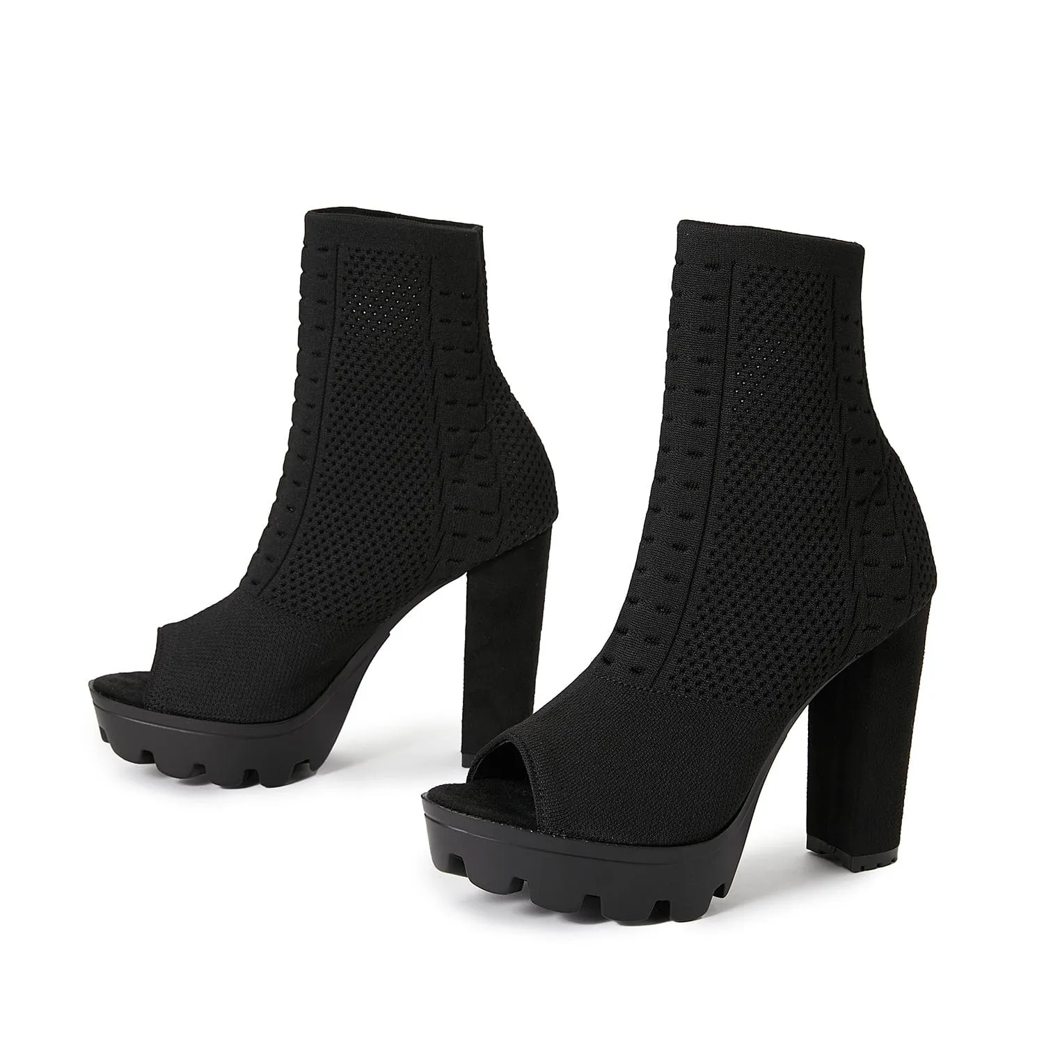 Peep Toe Chunky Heeled Sock Boots