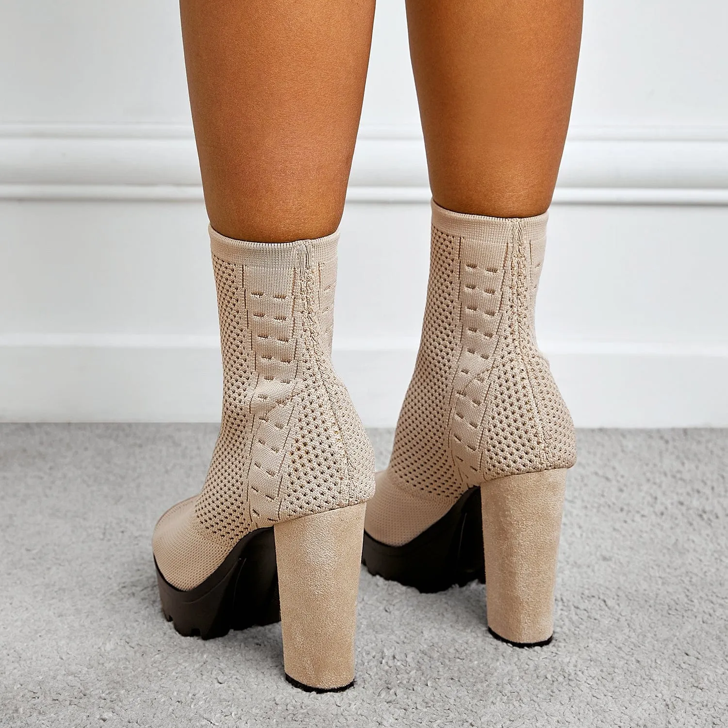 Peep Toe Chunky Heeled Sock Boots