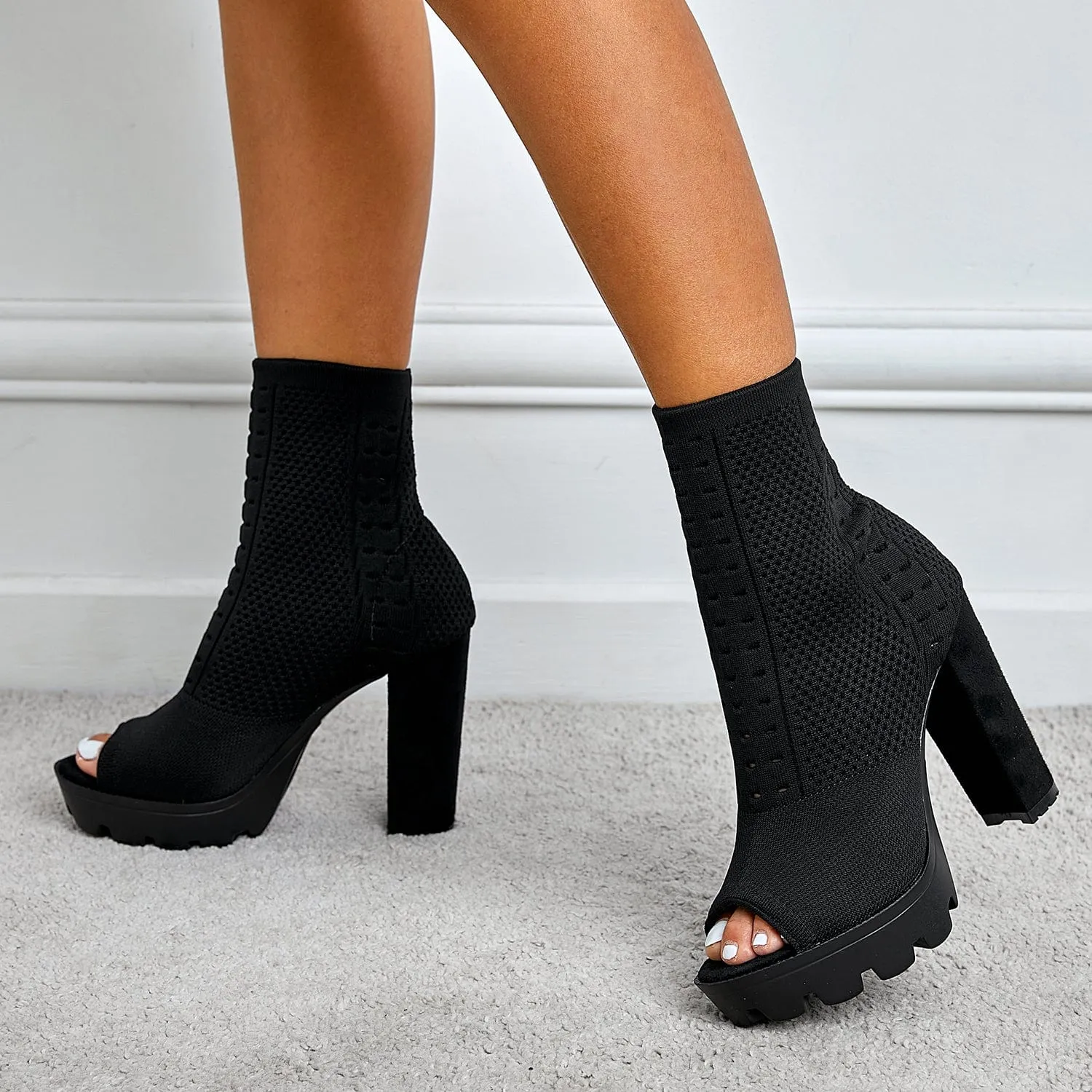 Peep Toe Chunky Heeled Sock Boots