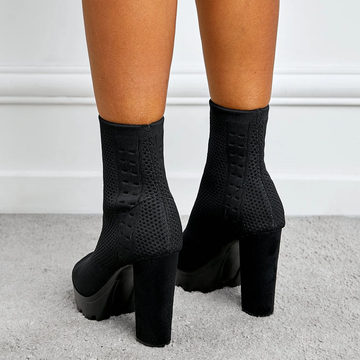 Peep Toe Chunky Heeled Sock Boots