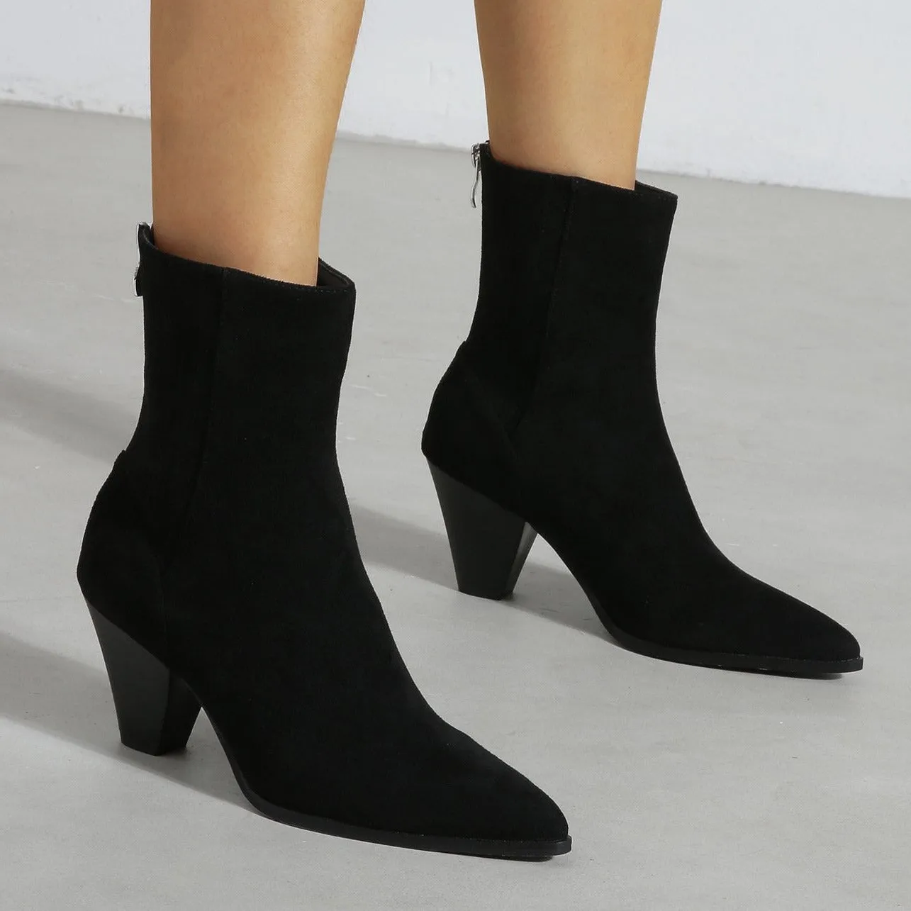 Pointed Toe Thick Heeled Short Boots