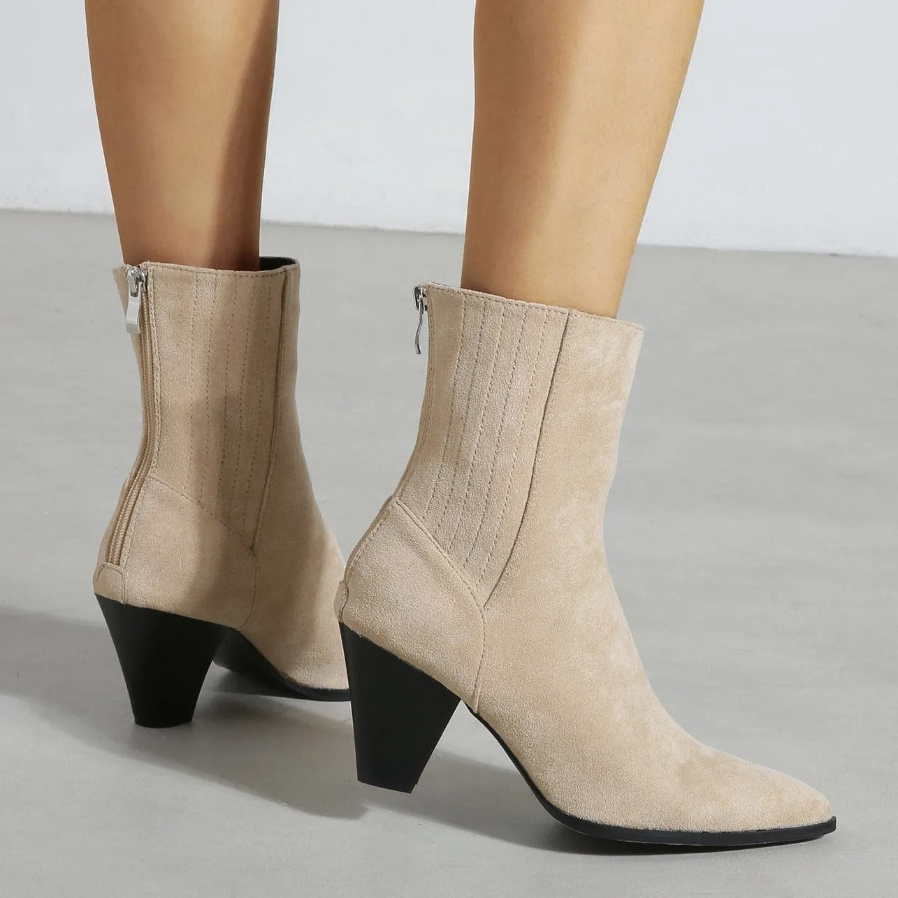 Pointed Toe Thick Heeled Short Boots