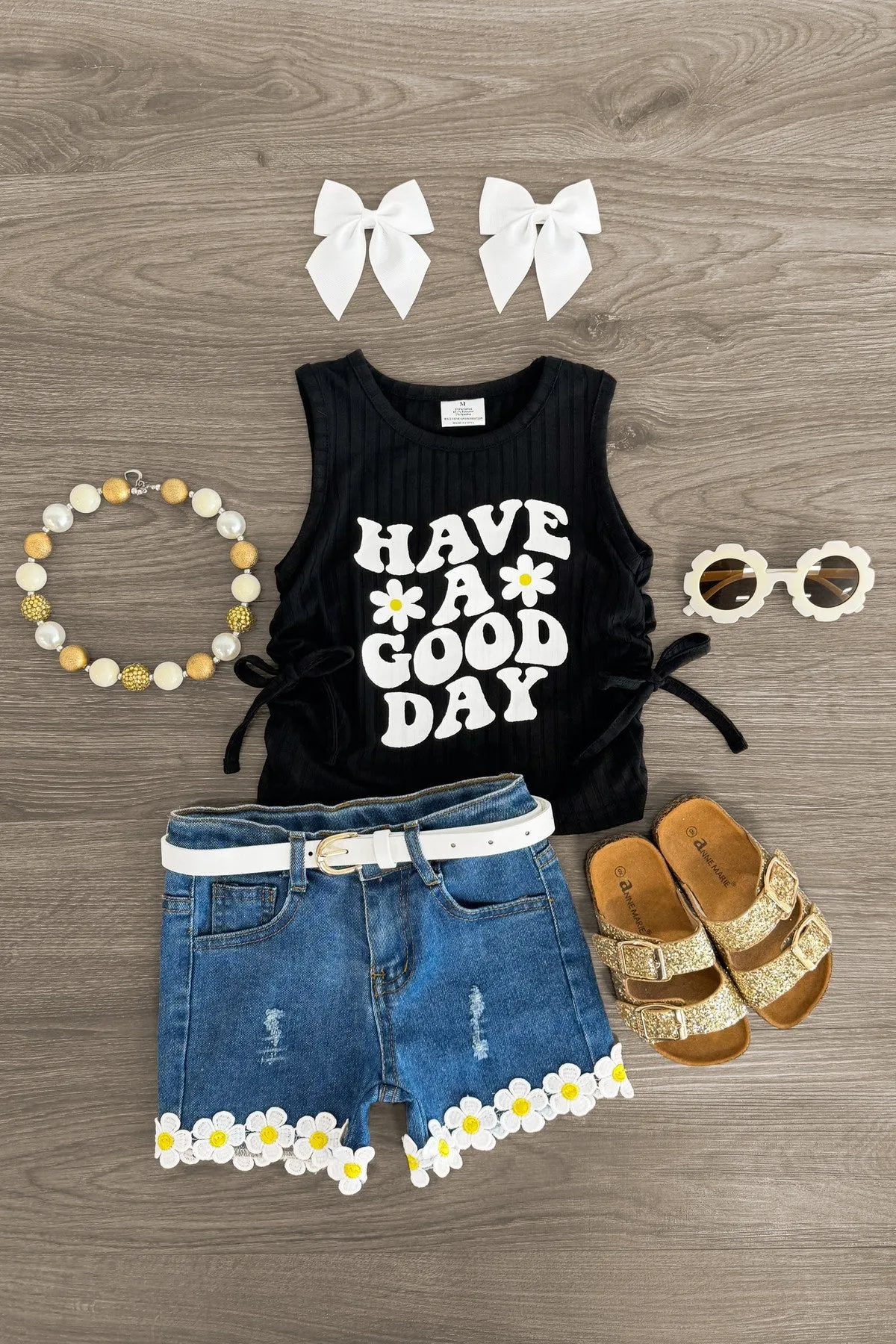 "Have A Good Day" Daisy Denim Short Set