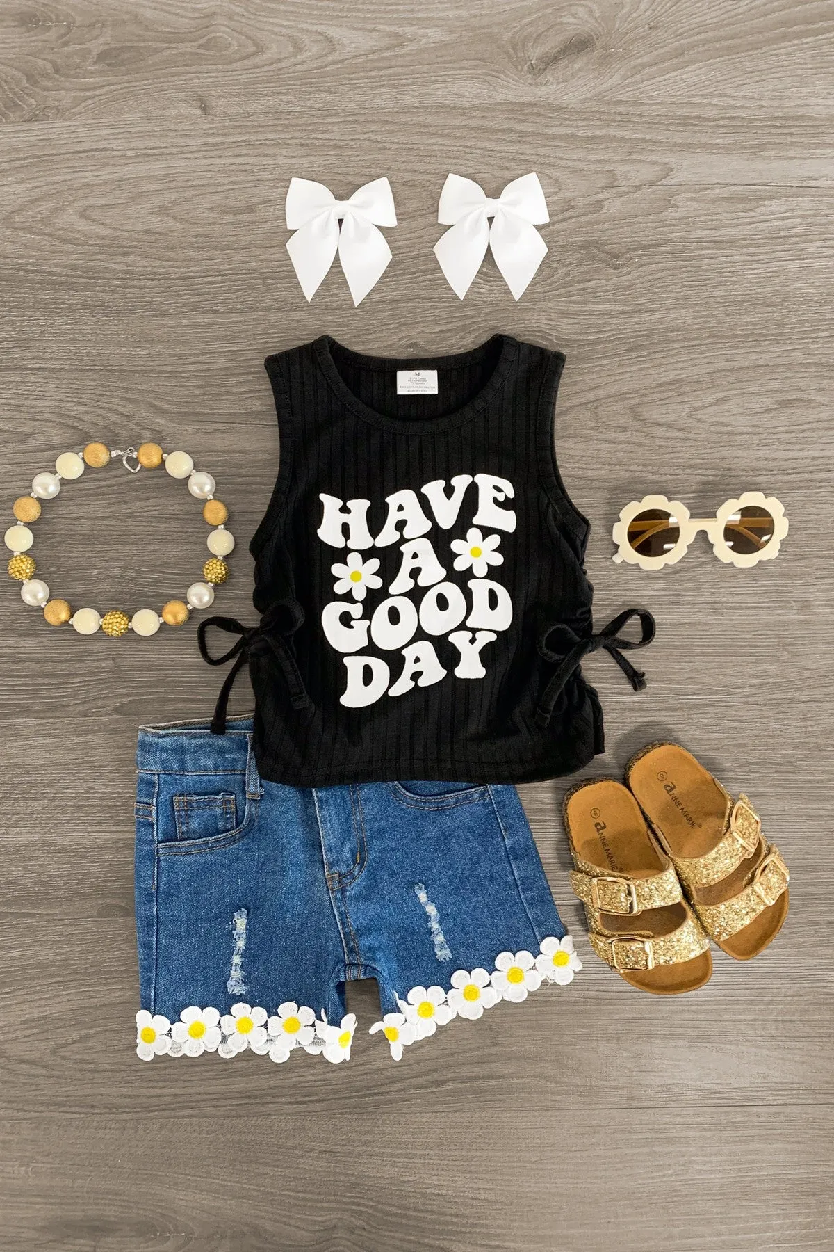 "Have A Good Day" Daisy Denim Short Set