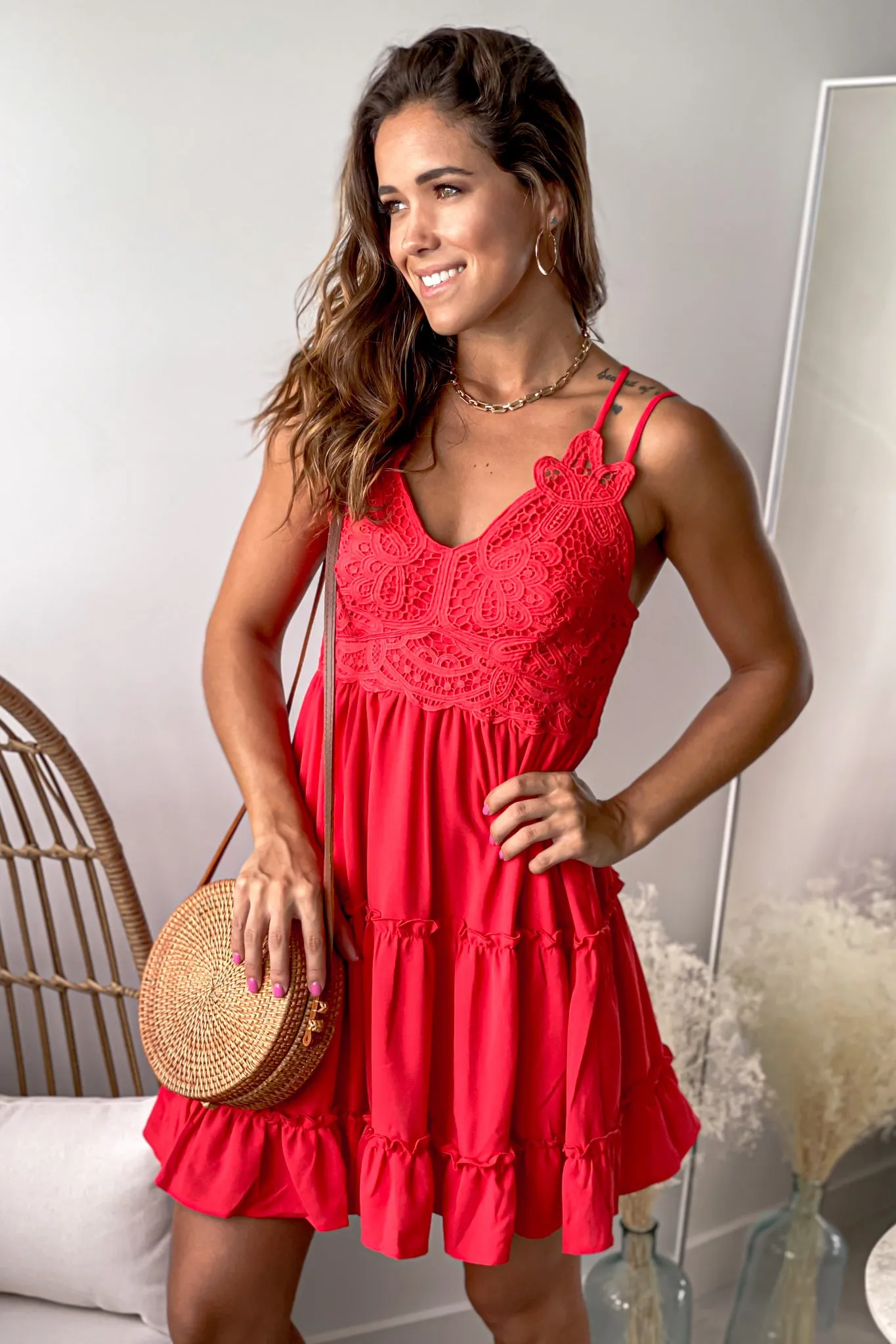 Red Crochet Top Ruffled Short Dress