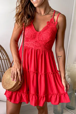 Red Crochet Top Ruffled Short Dress