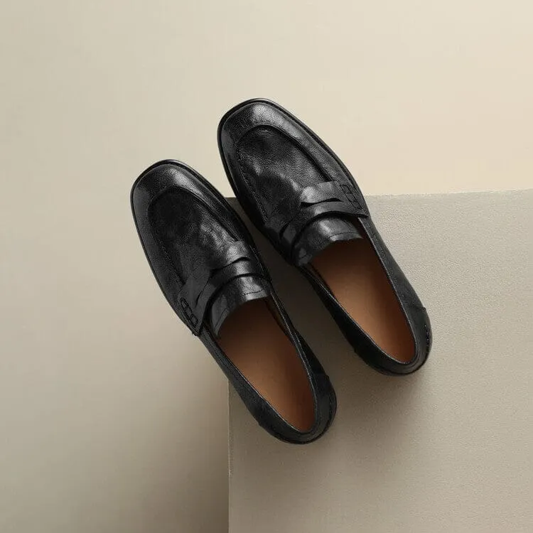 Retro Style Soft Leather Penny Loafers for Women in Coffee/Black