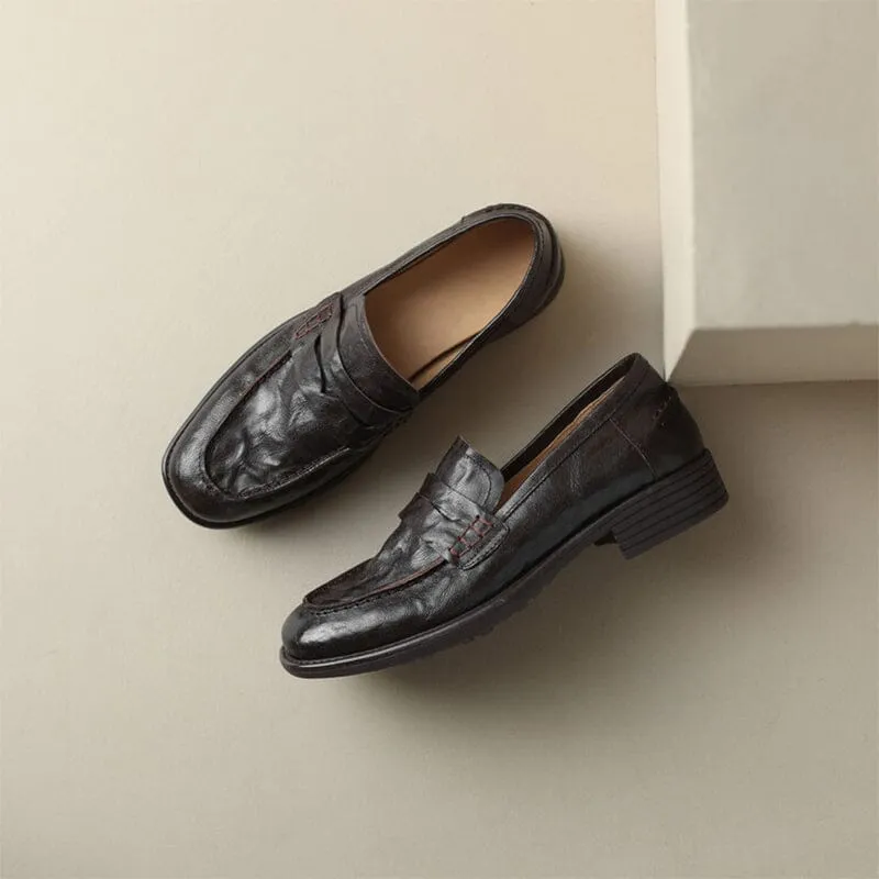 Retro Style Soft Leather Penny Loafers for Women in Coffee/Black