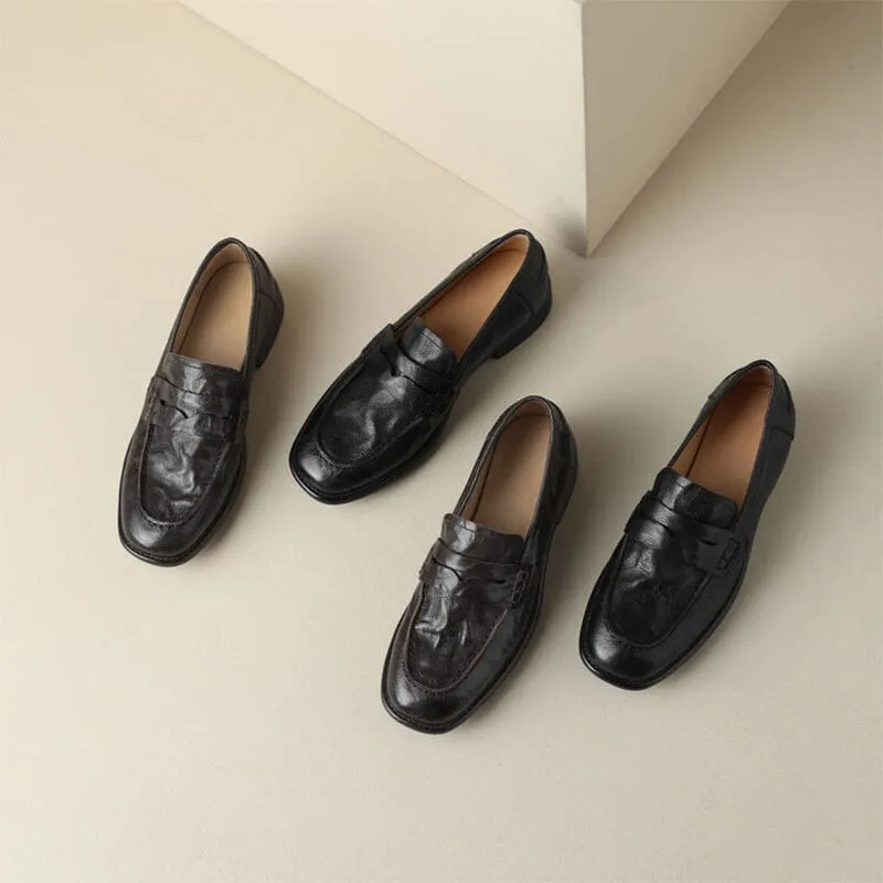 Retro Style Soft Leather Penny Loafers for Women in Coffee/Black