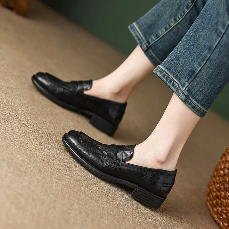 Retro Style Soft Leather Penny Loafers for Women in Coffee/Black