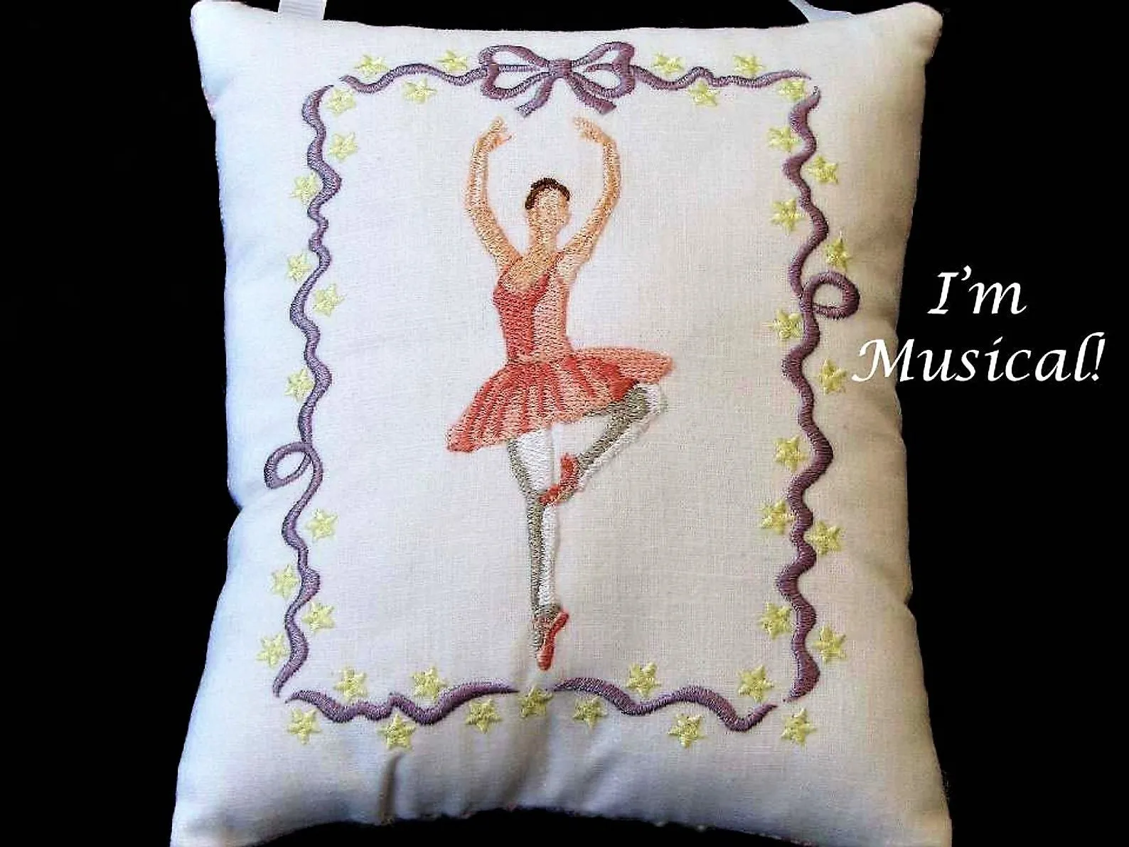 Ribbon Ballerina Music Box Pillow -- Personalized Embroidered MUSICAL Keepsake