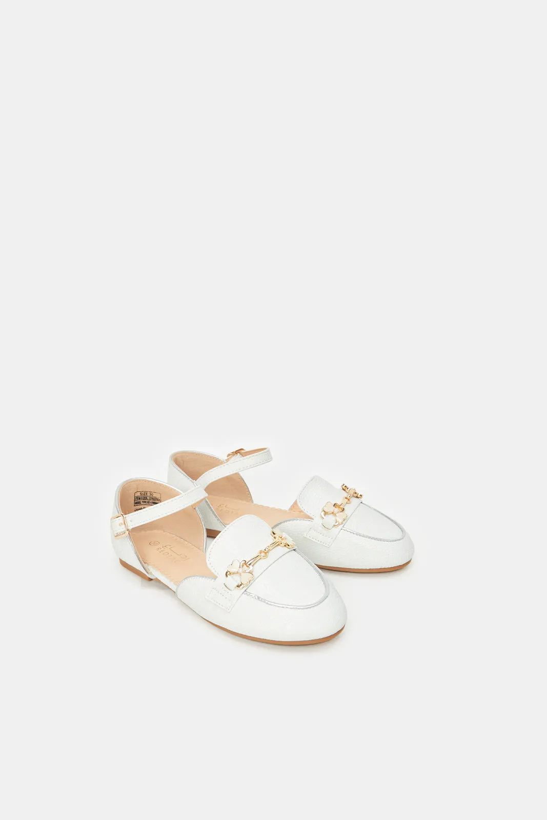 Senior Girls White Embellished Buckle Ballerina