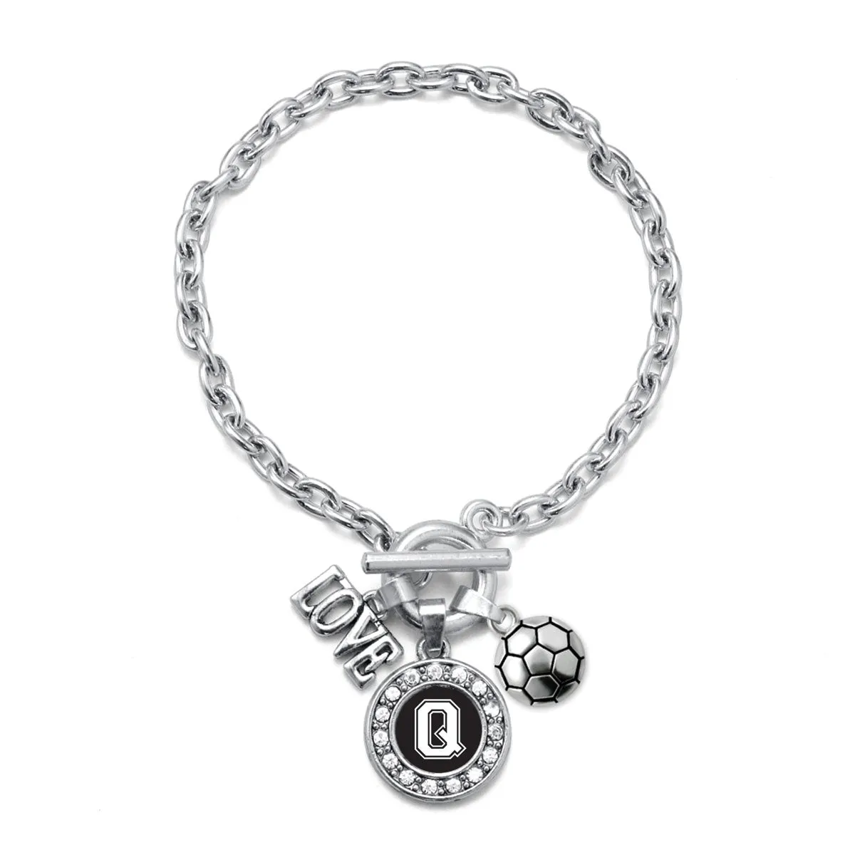 Silver Soccer - Sports Initial Q Circle Charm Toggle Bracelet