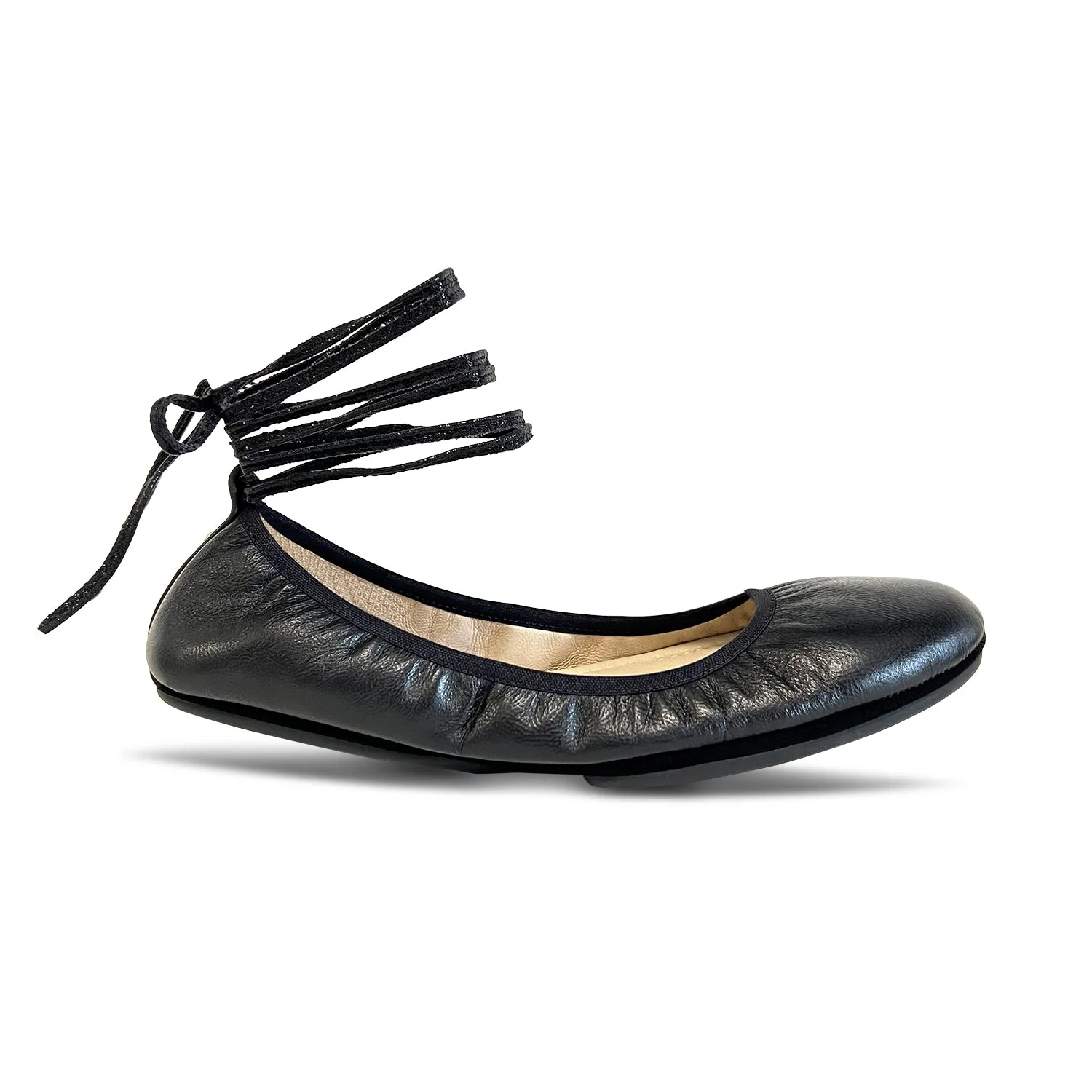 Sofia Ankle Wrap Flats in Black Leather