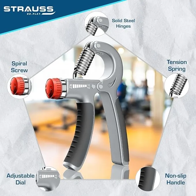 Strauss Adjustable Hand Grip | Adjustable Resistance (10KG - 40KG) | Hand Gripper for Home & Gym Workouts | Perfect for Finger & Forearm Hand Exercises for Men & Women (Black/Grey) | Pack of 2