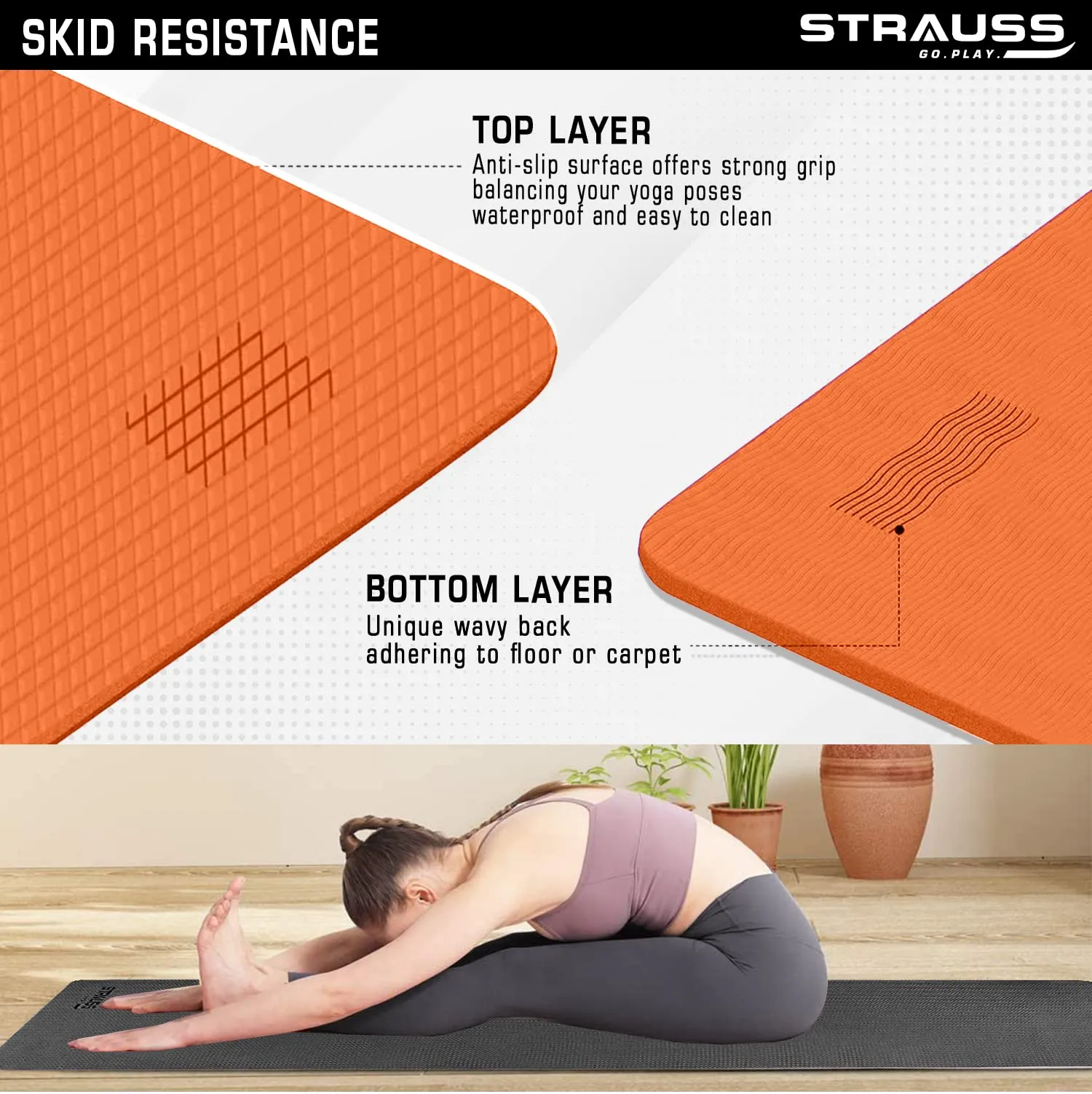 STRAUSS Anti Skid EVA Yoga Mat with Carry Bag, 6mm, Non-Slip Exercise Mat for Home & Gym | Lightweight & Durable Workout Mat | Ideal for Yoga, Pilates, Fitness | Ideal for Men & Women, (Orange)