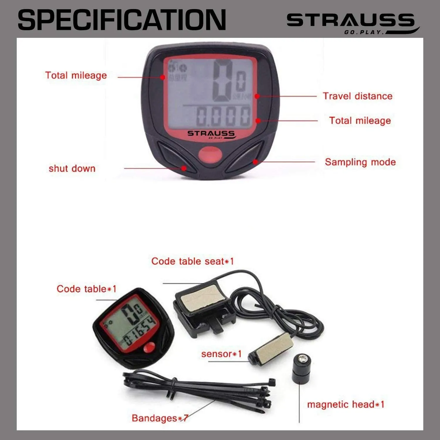 Strauss Bicycle Frame Bag, (Black) and Bicycle Speedometer, (Black/Red)