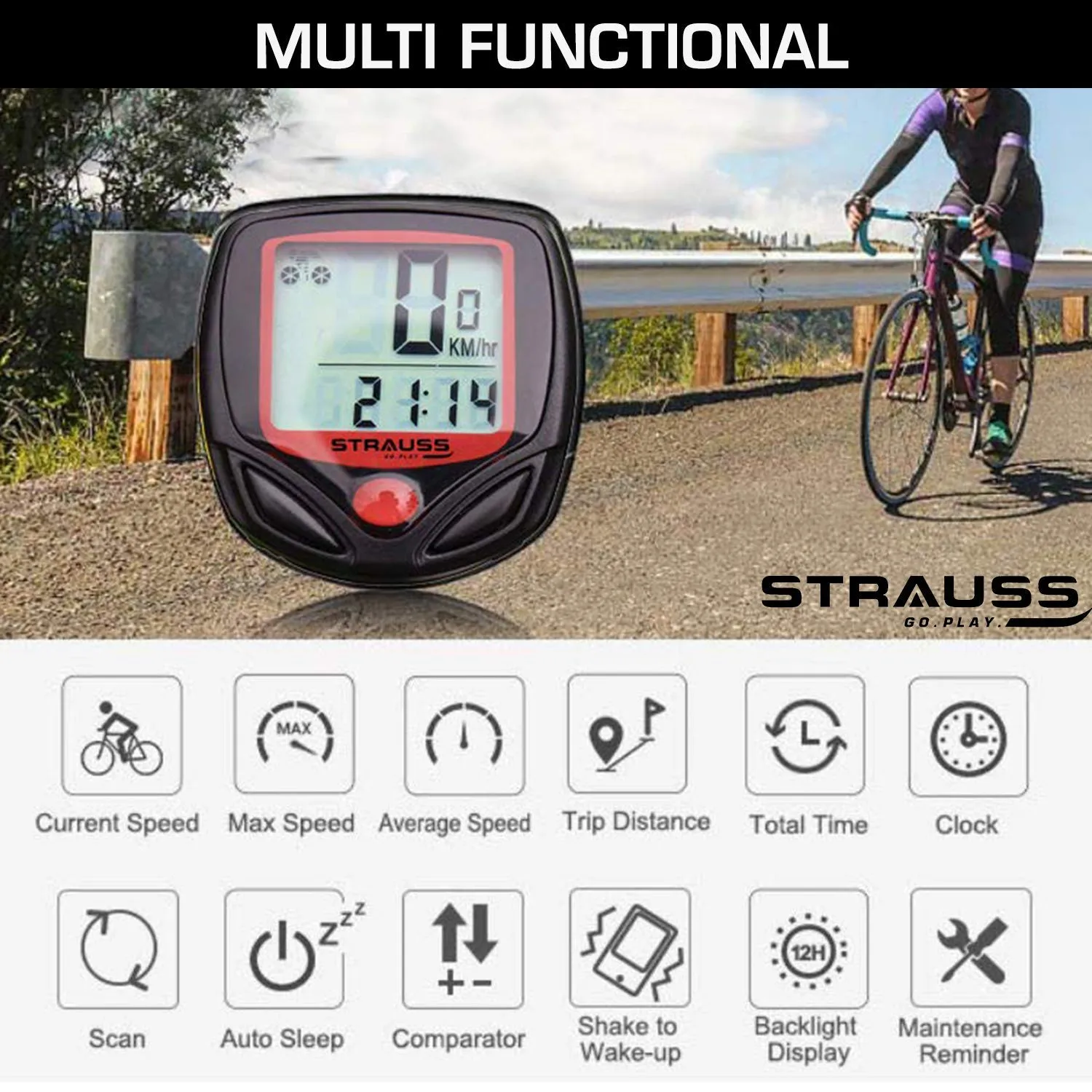 Strauss Bicycle Frame Bag, (Black) and Bicycle Speedometer, (Black/Red)