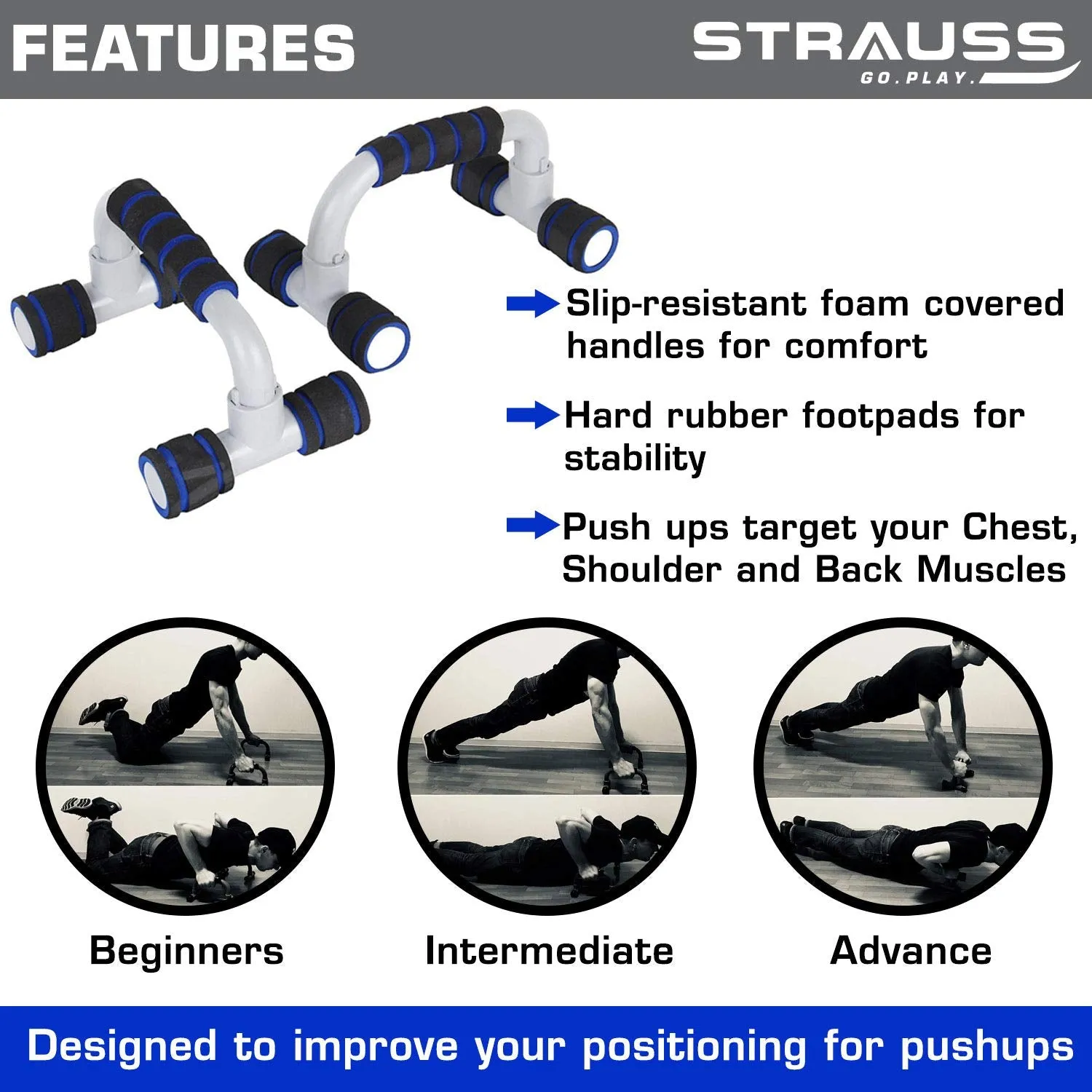 STRAUSS Heavy-Duty Plastic Adjustable Hand Grip Strengthener (Black/Orange) and Moto Push Up Bar, Pair (Black/Blue)