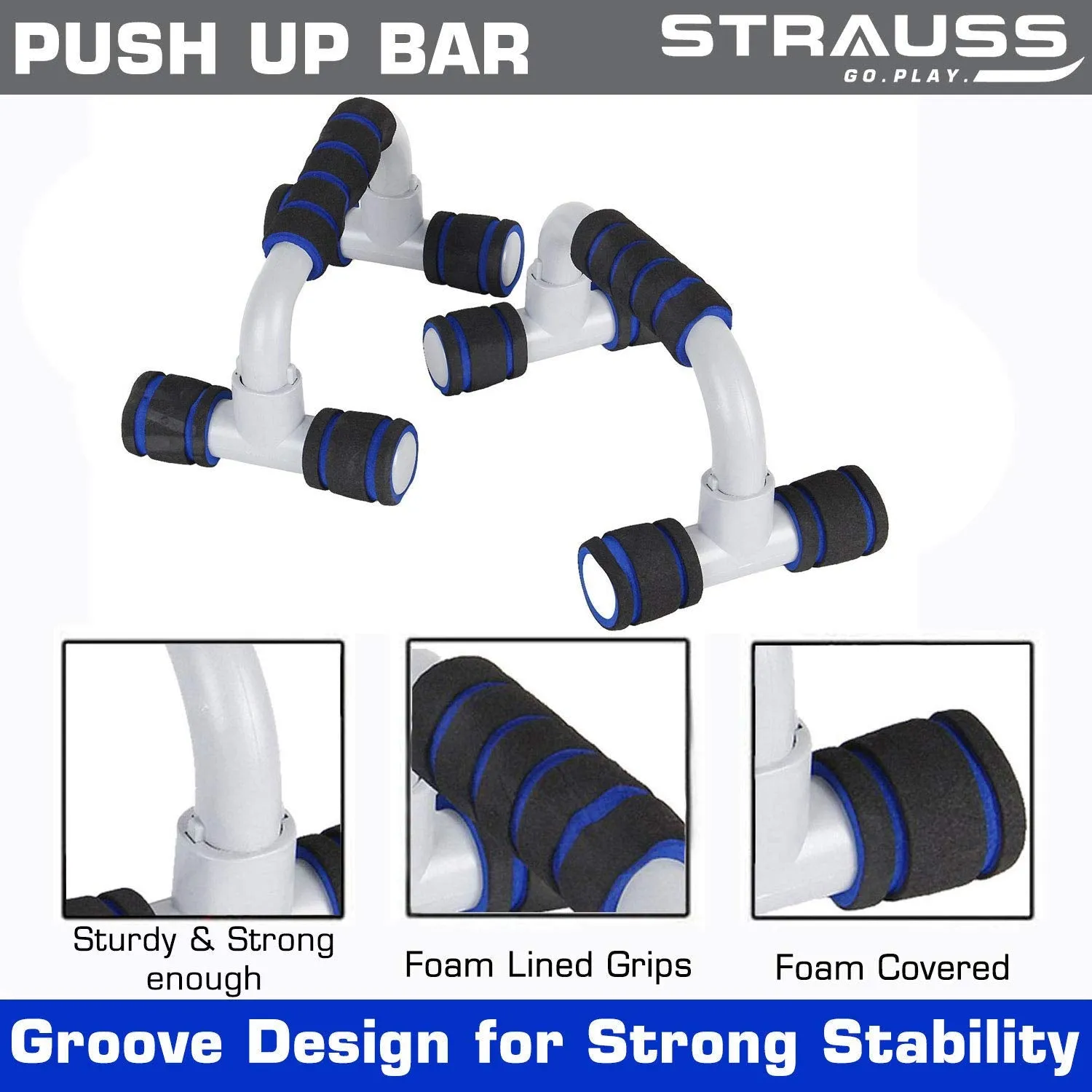 STRAUSS Heavy-Duty Plastic Adjustable Hand Grip Strengthener (Black/Orange) and Moto Push Up Bar, Pair (Black/Blue)