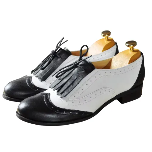 Tailor Made Handmade Black & White Genuine Leather, Wingtip Shoes, Brogue Spectator Womens Oxford Shoes