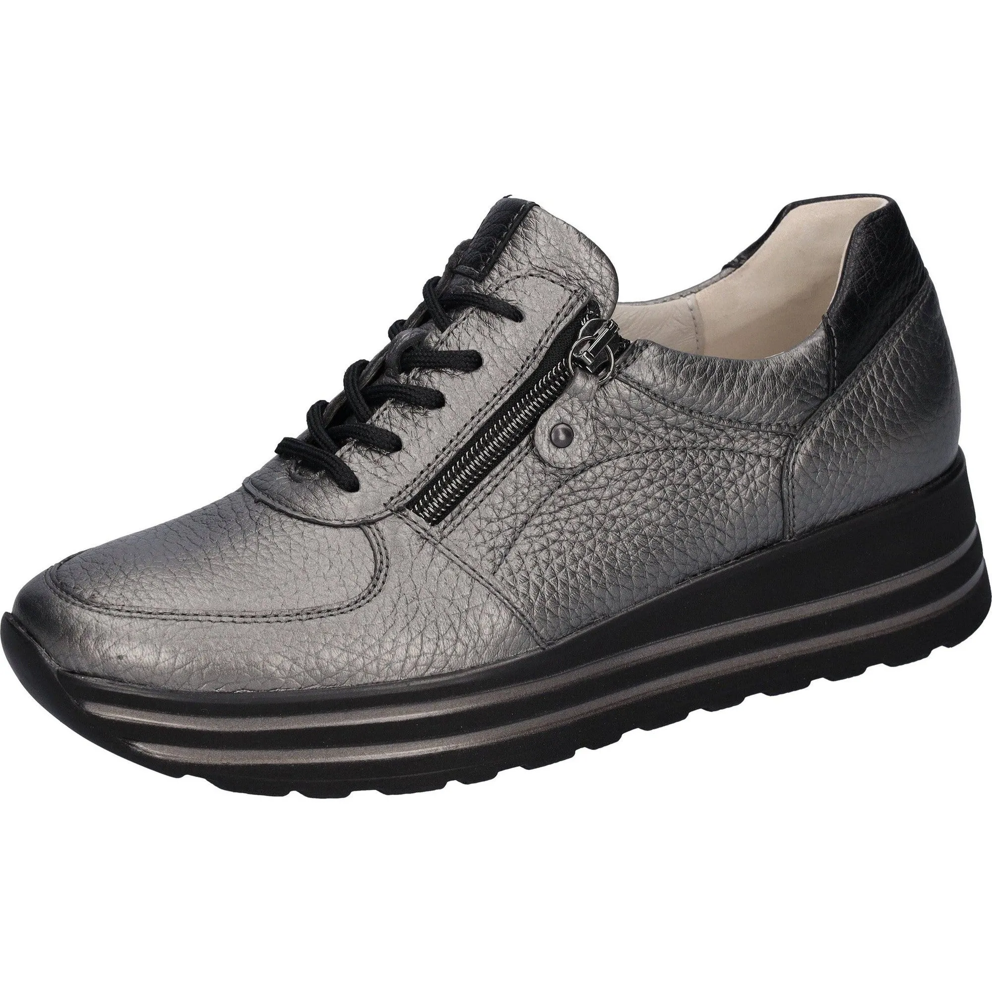 Waldlaufer 758009 299 577 H-Lana Ladies  Asphalt Leather Arch Support Zip & Lace Shoes