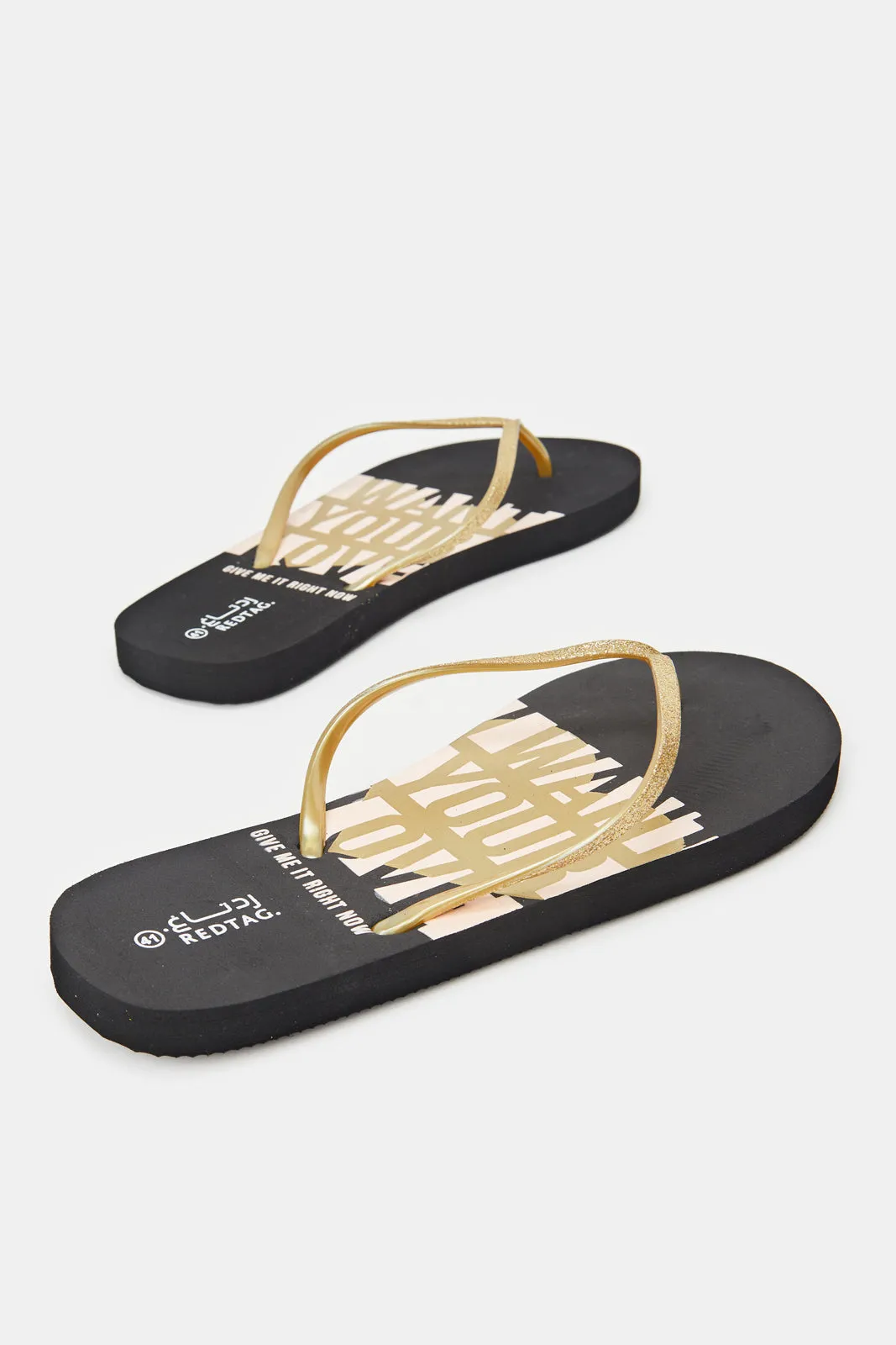 Women Black Flip Flop With Gold Upper