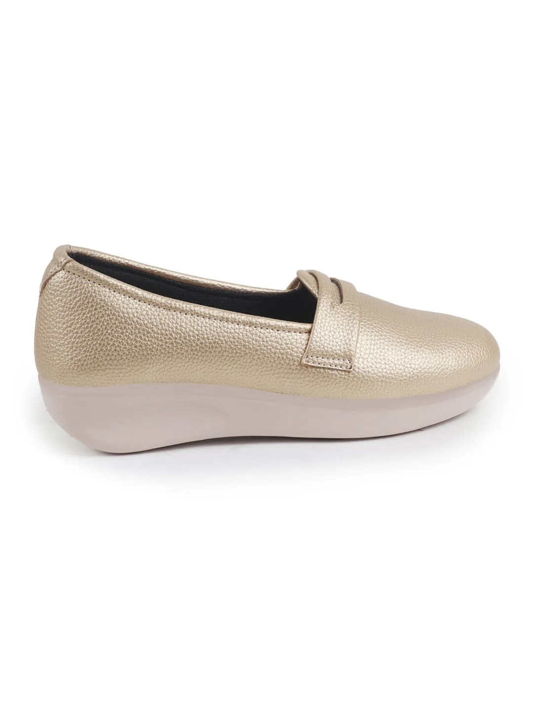 Women Golden Textured Slip On Casual Shoes Flatform Heel Height Enhancer|All Day Comfort|Daily Wear Shoes