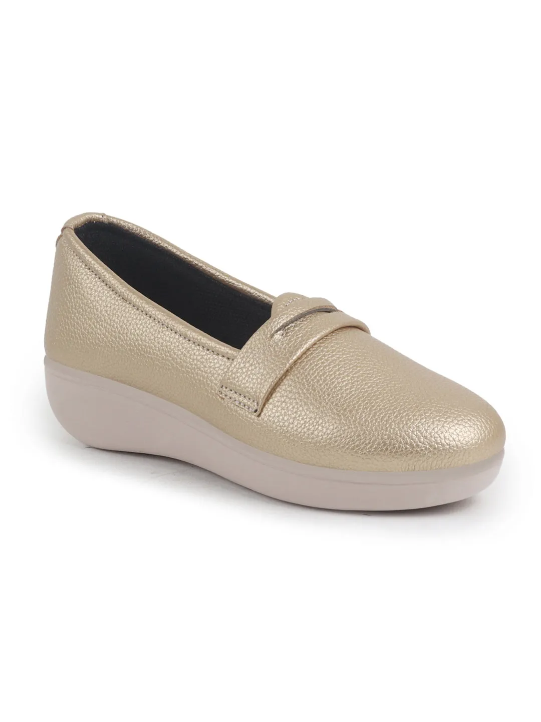 Women Golden Textured Slip On Casual Shoes Flatform Heel Height Enhancer|All Day Comfort|Daily Wear Shoes