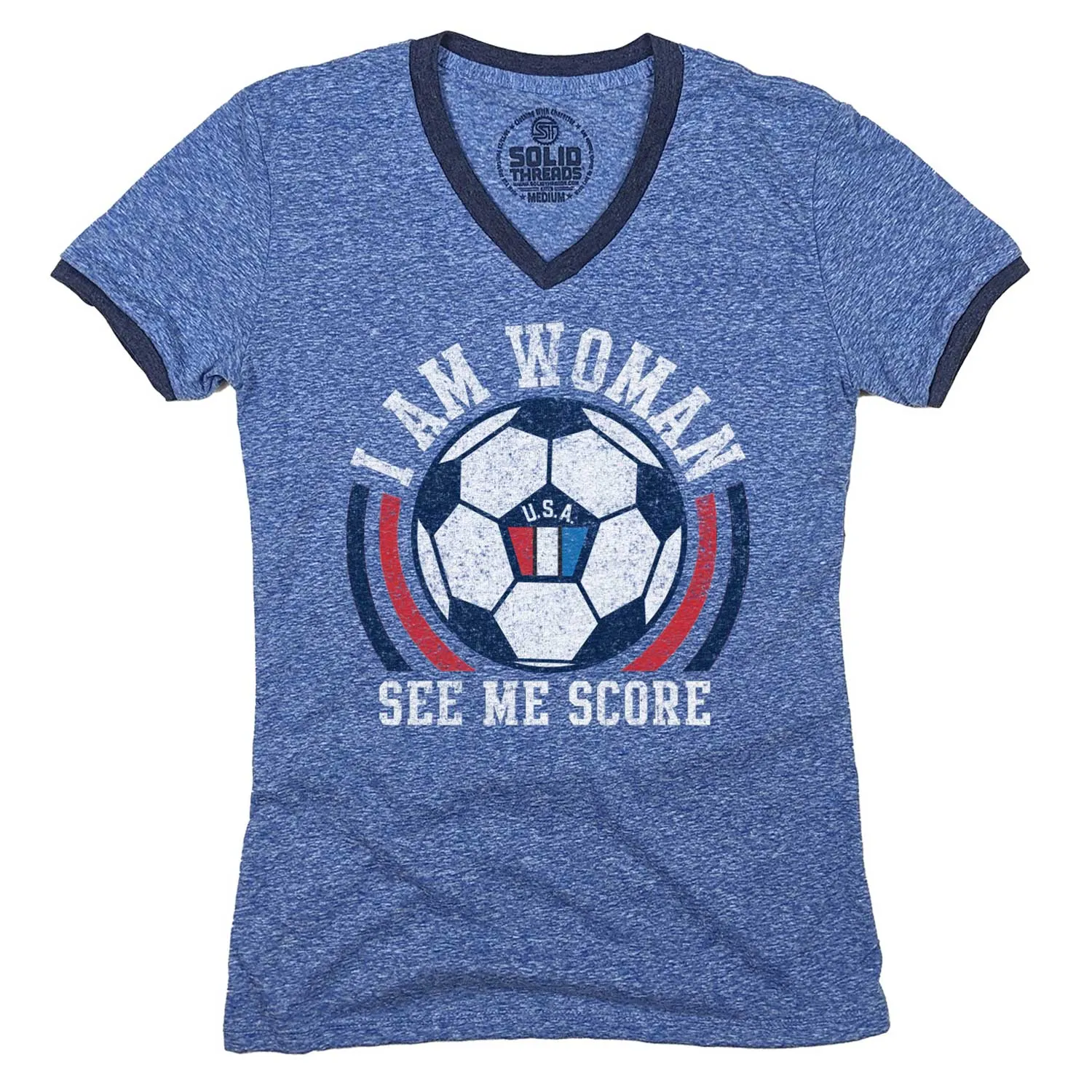 Women's I Am Woman USA Soccer Ringer V-Neck Tee