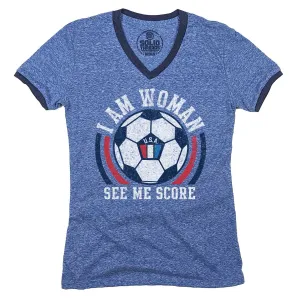 Women's I Am Woman USA Soccer Ringer V-Neck Tee